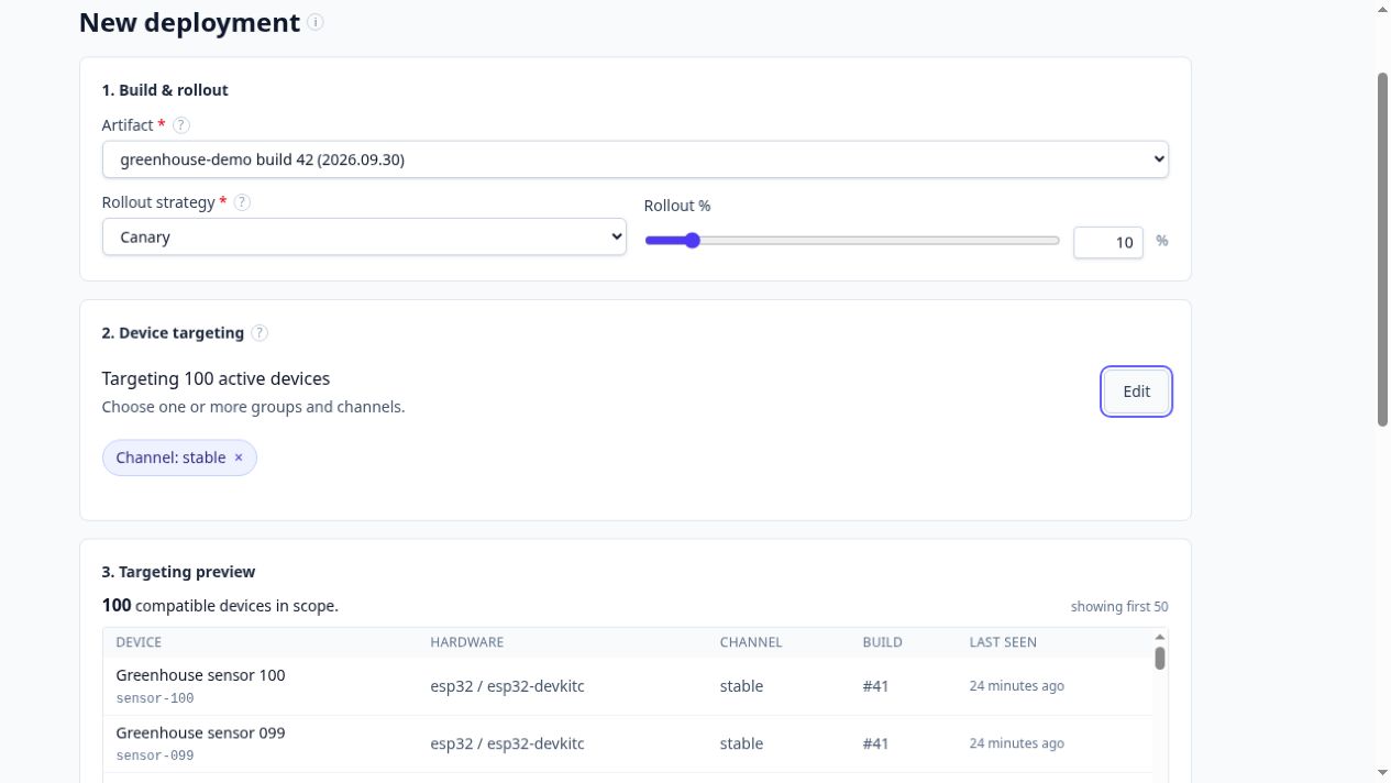 The SimpleOTA new-deployment form configured for a 10 percent canary on the stable channel.